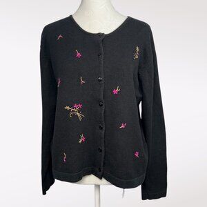 Vintage Clio Black Embroidered Cardigan Button Front Knit Sweater Small